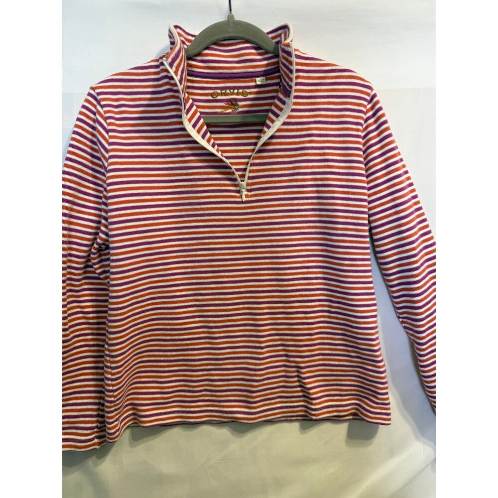 Orvis Womens M 1/4 Zip Pullover Top Striped Cotton Purple Orange White